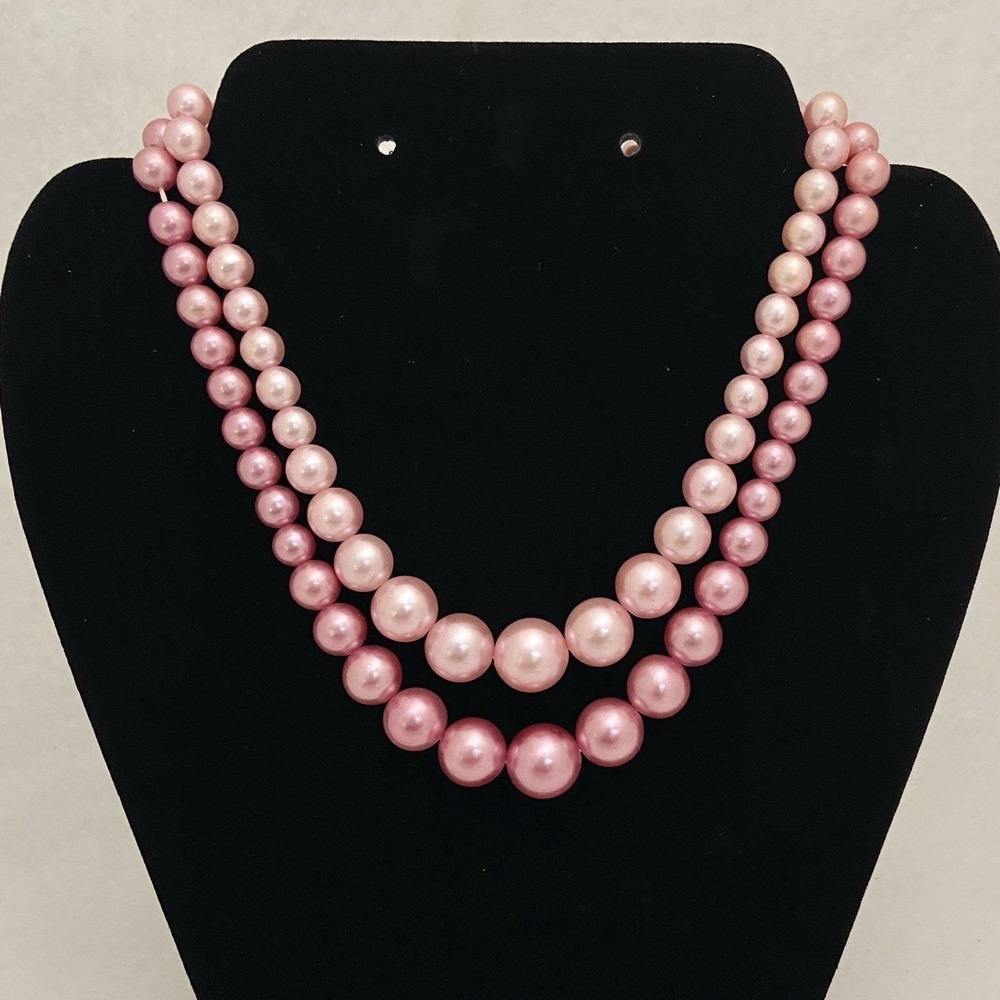 Vintage Pink Faux Pearl Necklace 2-Strand Graduated Faux Pearls With Earrings